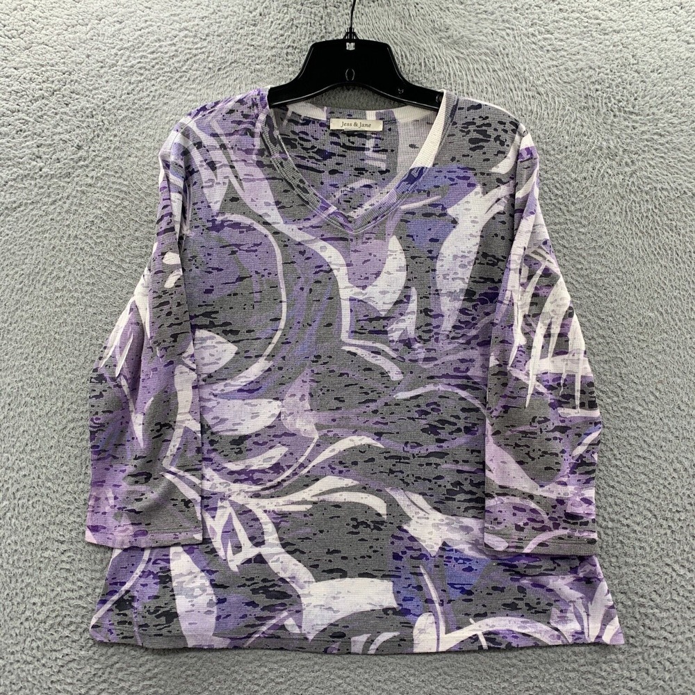 Jess And Jane Blouse Womens Petite Medium Top 3/4 Sleeve Purple White Gray